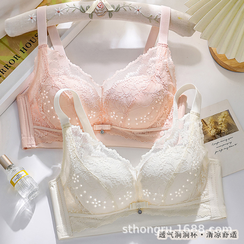 Lace Lingerie Women's Bra Ultra-Thin Push-Up Perforated Cup for Large Busts, Minimizing and Anti-Exposure Adjustable Side Breast Collection Bra