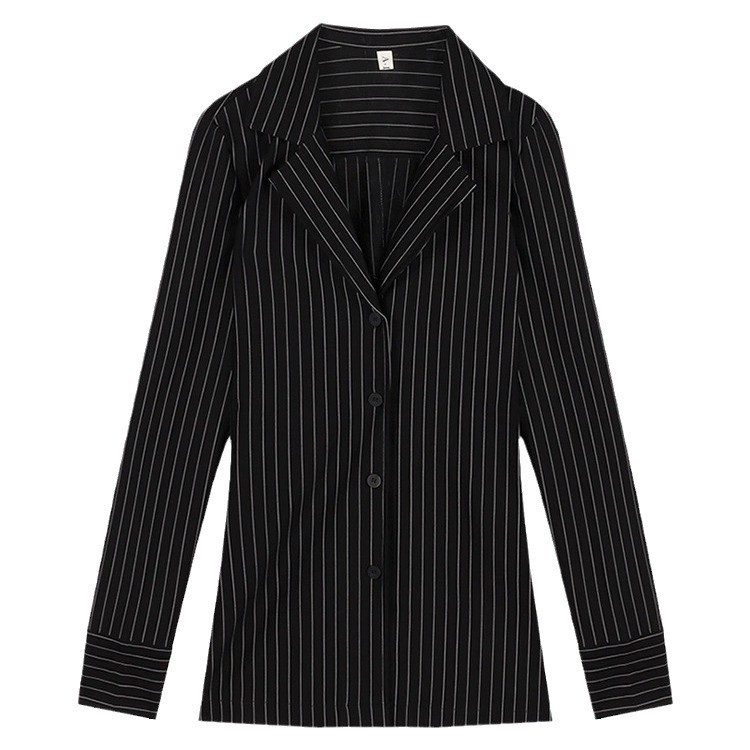 Picture of Black striped long-sleeved shirt for women Autumn 2023 New elegant all-match slim fit waist slimming mid-length top