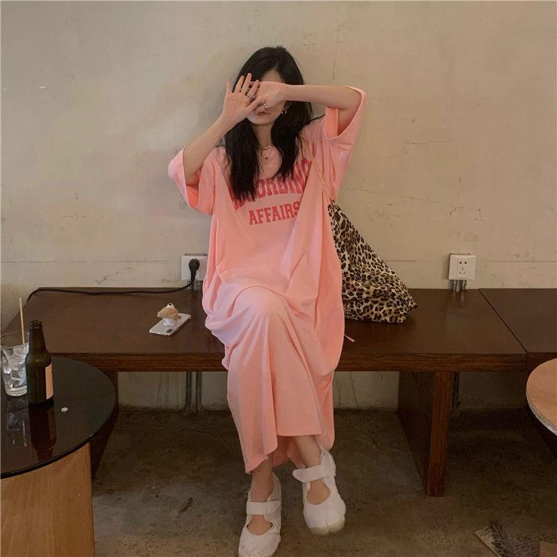 Picture of Summer Korean Style South Korea plus size Women's Casual Long dress chubby girl Loose Over-the-Knee T-Shirt Long Dress Women's Nightdress