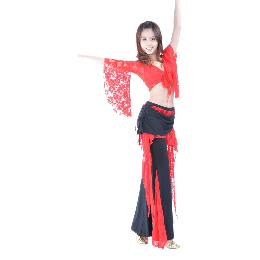 08# Lace Pants Lace Top Belly Dance Clothing Trumpet Sleeve Matching Waist Skirt Split Pants Chaozhou Tripartite