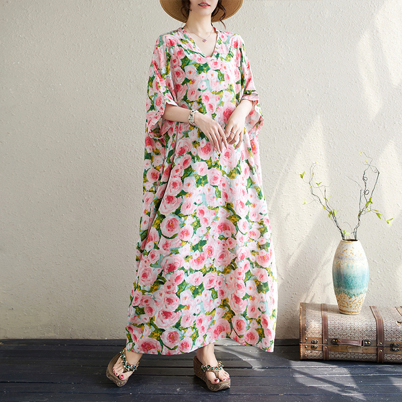 2024 Summer Large Size Artistic Color Vacation Travel V-neck Retro Long Dress Loose Pork Cotton Linen Dress
