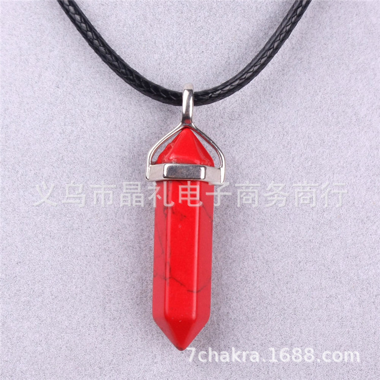 Picture of Natural Stone Hexagonal Pendant European and American Natural Crystal Hexagonal Prism Bullet Hexahedral Black Wax Rope Necklace