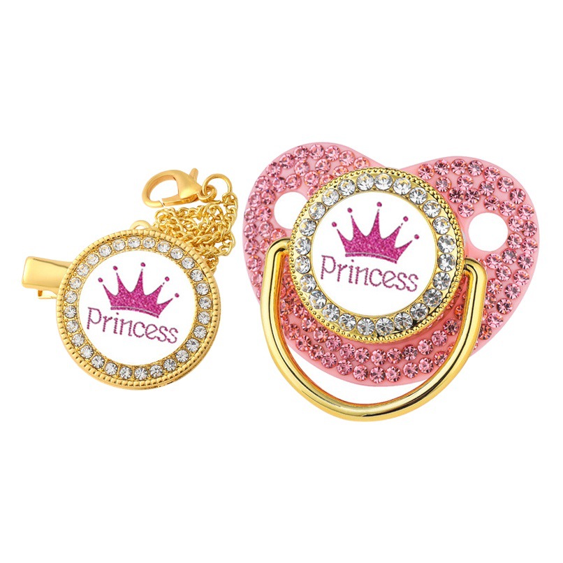 New diamond princess/prince crown baby pacifier with chain clip 6M