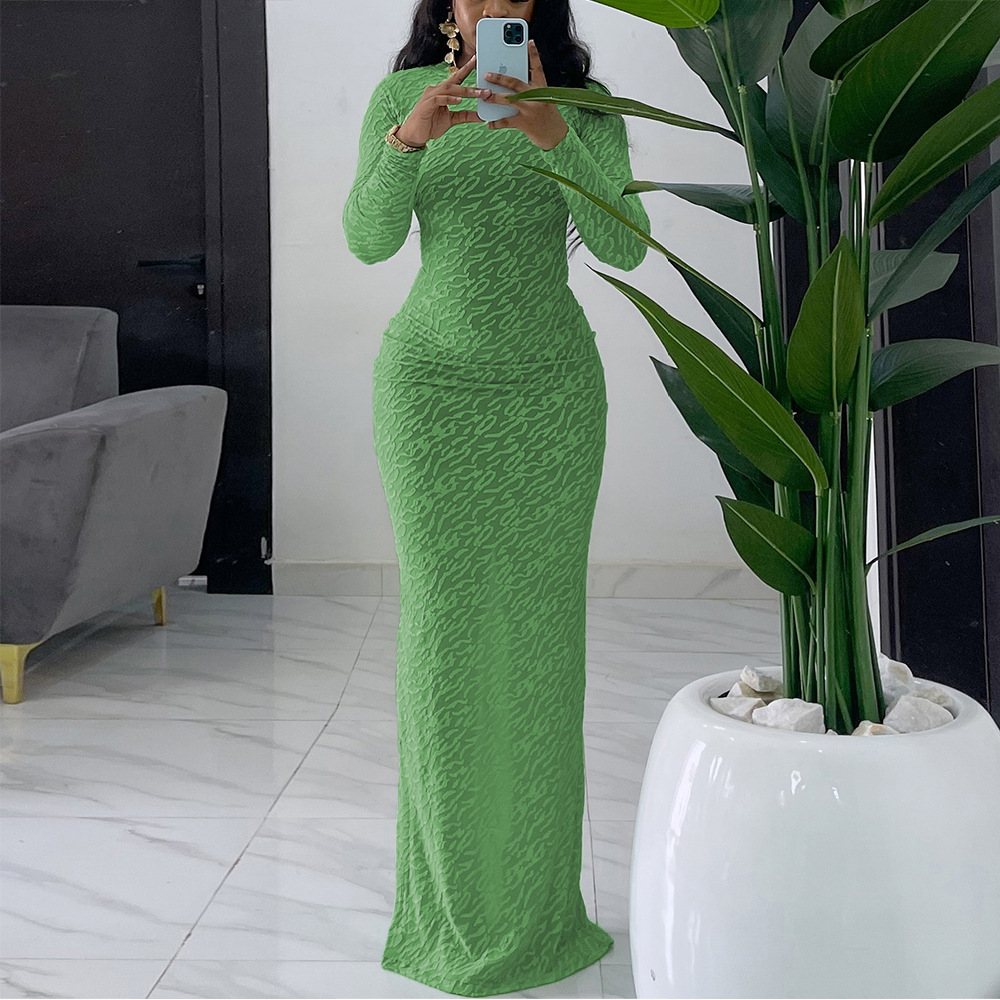 European and American Cross-Border Women's Clothing Amazon Autumn New Sexy Elastic Patterned Stand-Up Collar Long-Sleeved Hip-Hugging Dress