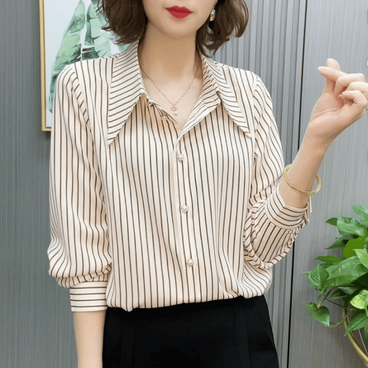 Striped Long Sleeve Shirt Women 2024 New Loose Stylish Fashionable Age-reducing Top All-match Slimming Casual Shirt
