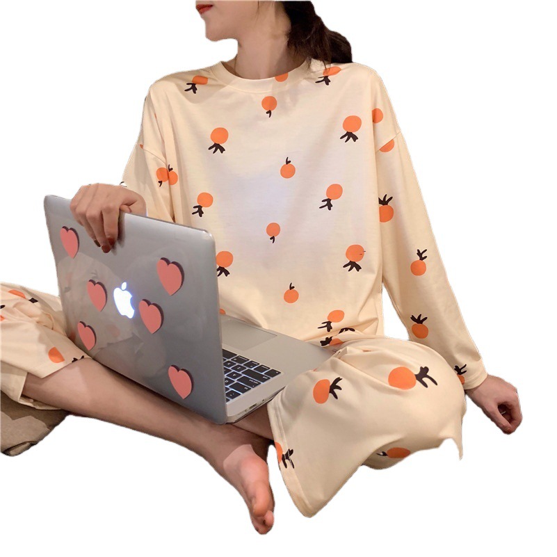 Spring and Autumn Thin Women's Pajamas Set Long Sleeve Crewneck Cute Milk Silk Foreign Trade Amazon Micro Business Home Clothes
