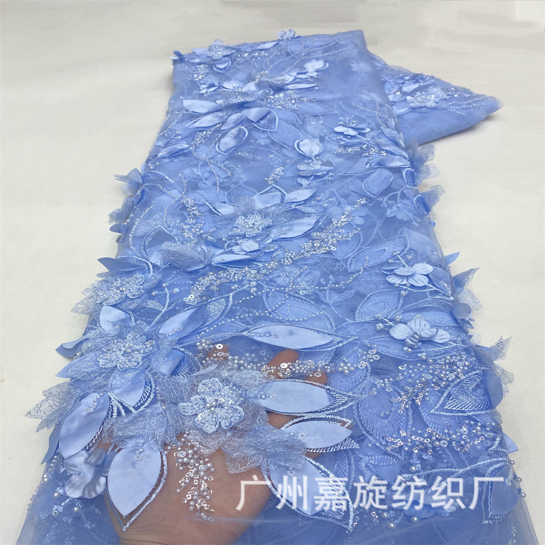 New chiffon nail beads three-dimensional flower Hanfu fairy dress embroidered cloth African bridal wedding dress evening dress fabric