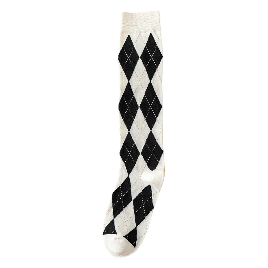 Academy Style White Quilted Socks for Women, Spring and Autumn Japanese Retro Black Mid-Calf Trendy Socks, Ins Half Socks
