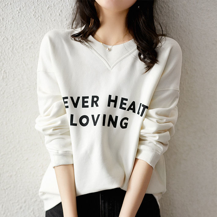 Pocket Sweater Women's Spring and Autumn Round Neck Korean Style Simple White Pure Cotton Loose Slimming Printed Letter Pullover Top for Women