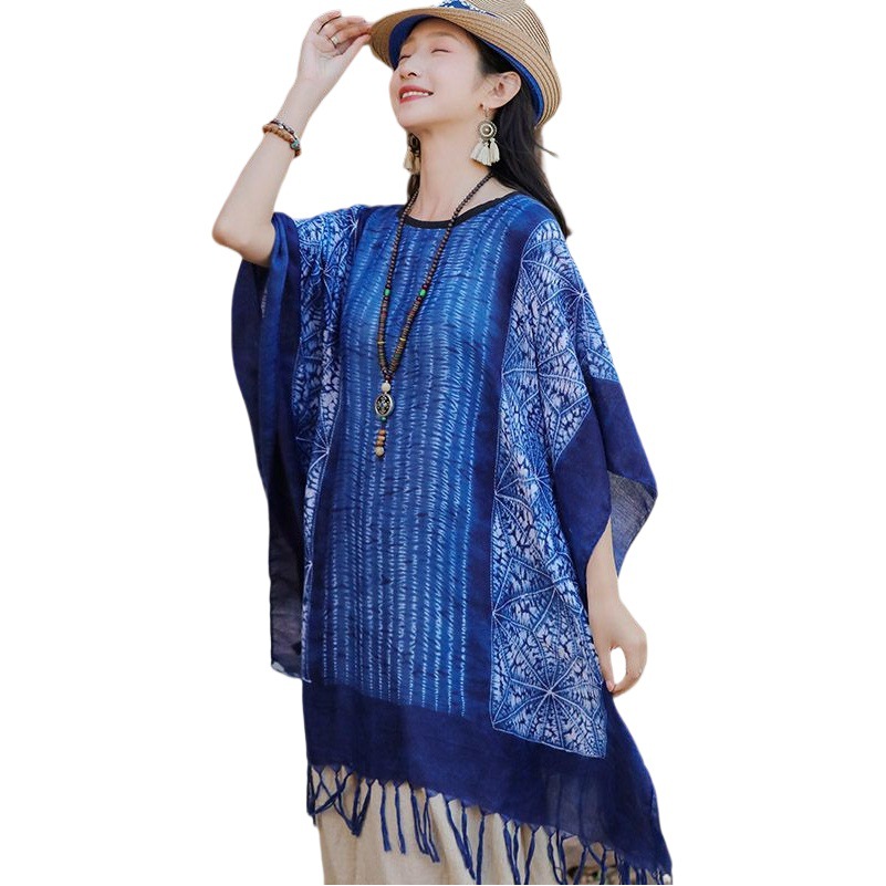 Vintage Tie-dyed Ethnic Style Shawl Yunnan Lijiang Tourist Pullover Shawl Cape Blue Tassel Warm Shoulder