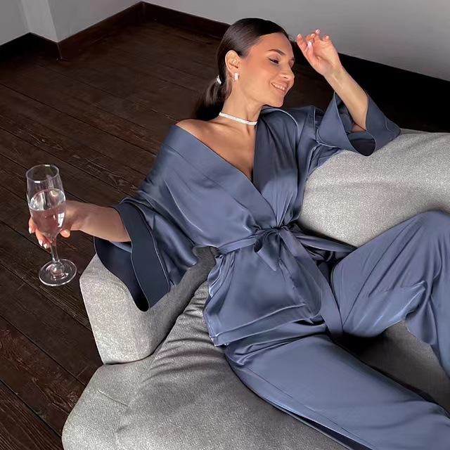 European and American Foreign Trade Sexy Underwear Women's Nightdress Sexy Home Pajamas Stretch Satin Top Pants Two-piece Set