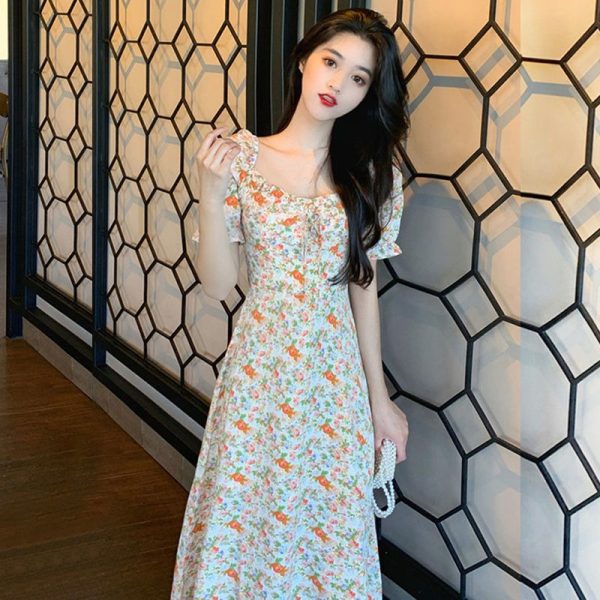Goddess Style Japanese Style Fairy Dress 2025 Summer New Style Salty or Sweet Waist Slimming Floral Long Dress