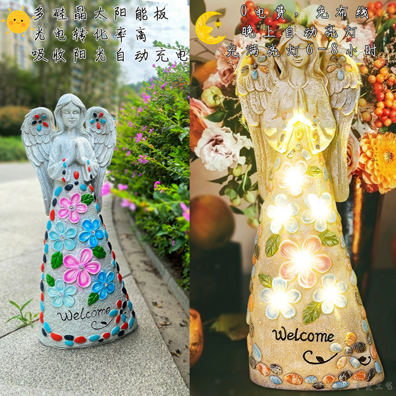 Picture of Cross-border Garden Character Decorative Ornaments Crafts Courtyard Flower Fairy Outdoor Solar Angel Statue Resin Lamp