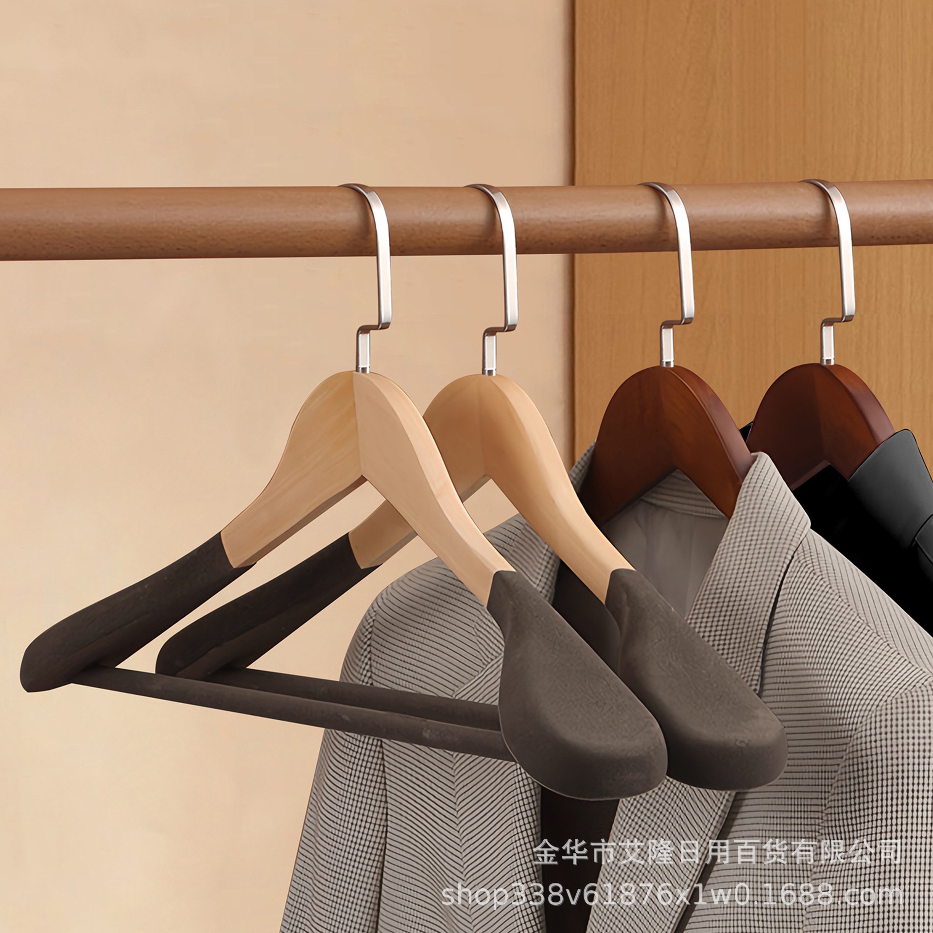 Picture of High-grade solid wood wide shoulder flocking hanger household coat suit seamless hanging clothes support solid wood hanger wholesale