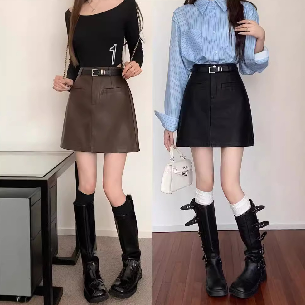 High Waist PU Leather Skirt Women's Autumn and Winter New Skirt chubby girl plus size Slim Look Short Skirt Belly Covering A- Line Hip Skirt