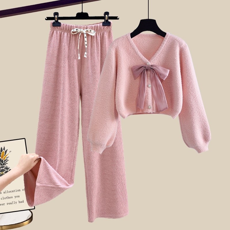 Japanese Style Soft Waxy Bow Sweater Cardigan Women's Autumn 2024 New Slimming All-match Wide Leg Casual Pants Two-piece Set