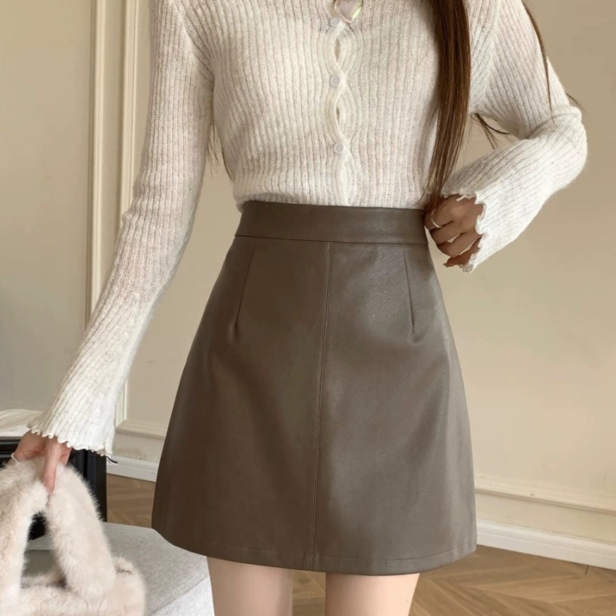 Frosted Matte Small Leather Skirt Skirt Women's Spring and Autumn 2024 New High Waist Slimming Anti-walking A- line Hip Skirt