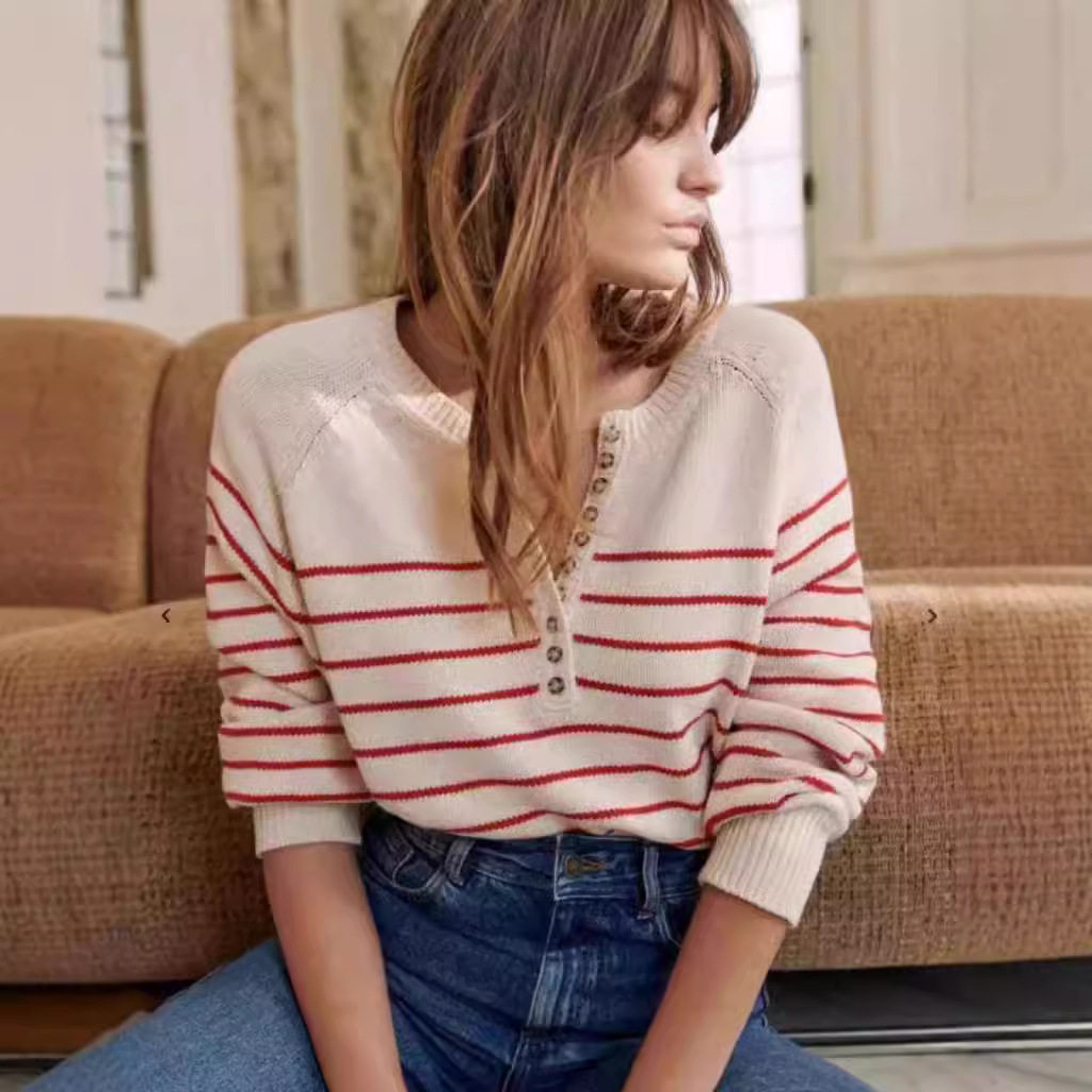 Original Yarn SEZ @ ANE Vintage Button Stripe Long Sleeve Crewneck Bubble Sleeve Loose Shou Knitted Sweater Set