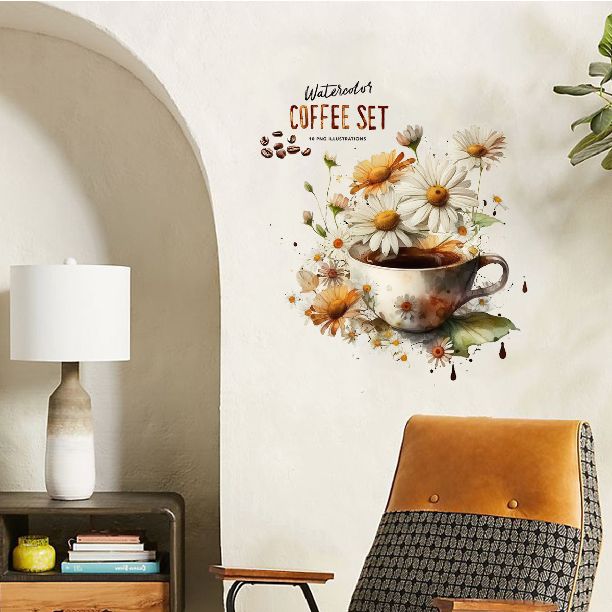 Creative English letters chrysanthemum Cong coffee cup decoration living room background wall stickers room dining room self-adhesive wall stickers