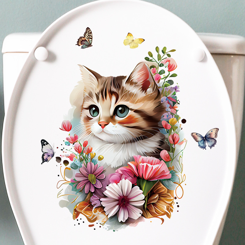 Flower cat toilet cover decorative stickers bathroom glass wall decoration beautifying stickers toilet butterfly toilet stickers