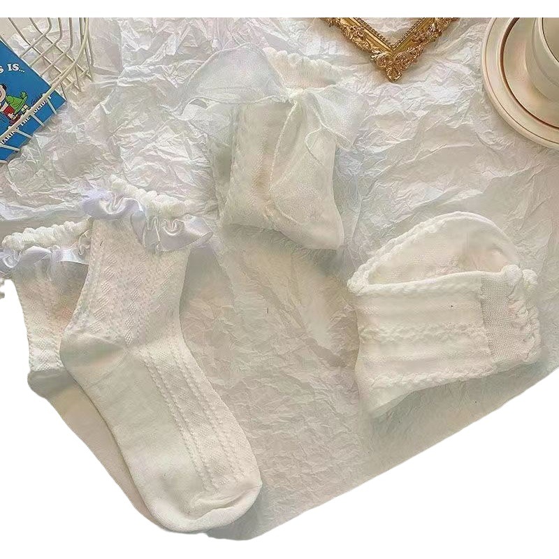 Summer thin white bow lace socks children's mid-length socks Japanese breathable Lolita princess fairy socks