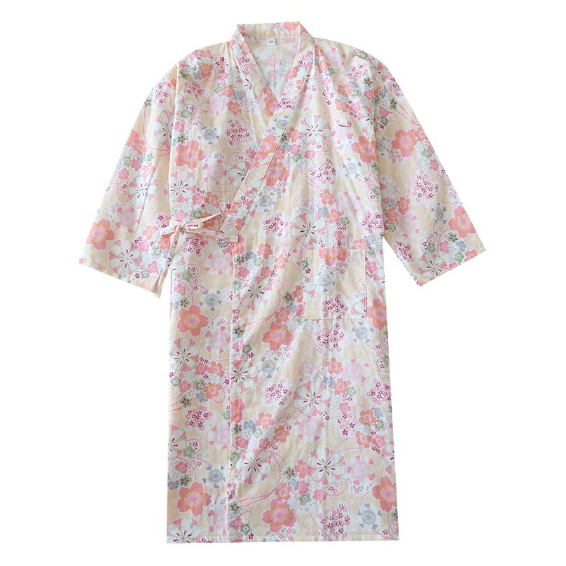 Spring and Summer New Nightgown Women's Japanese-style Kimono Pajamas Cotton Hip Sleeve Lace-up Women's Bathrobe Home Clothes