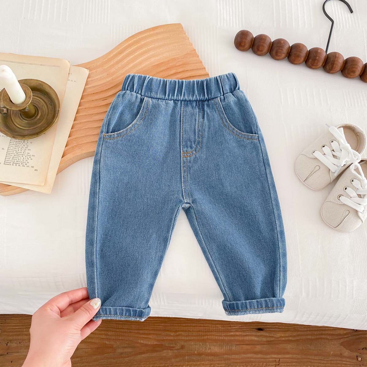 Picture of Ins Kidsren's Spring & Fall New Jeans for Boys and Girls 0-6 Years Old, Stylish Pure Color Pants, Simple Casual Pants, Soft