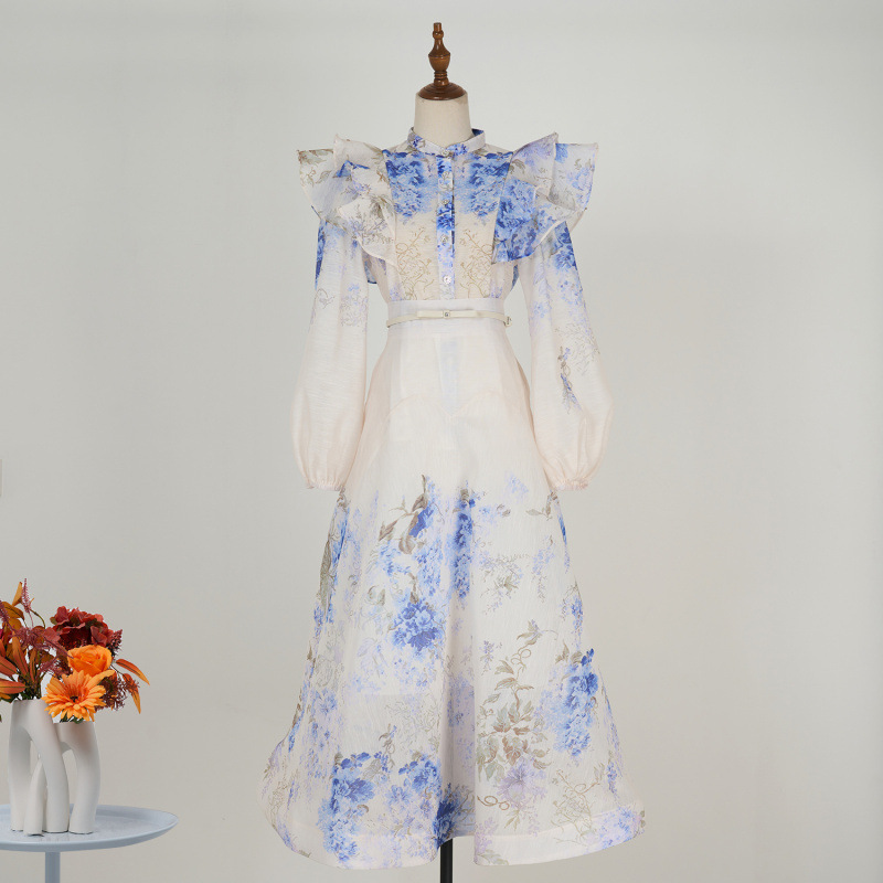 Cross-border foreign trade in stock European spring and summer new heavy craft ruffled lantern sleeve shirt big skirt suit women