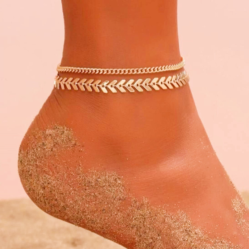 Europe and the United States cross-border jewelry simple fashion Bohemian anklet alloy fishbone chain personality double stacked foot chain