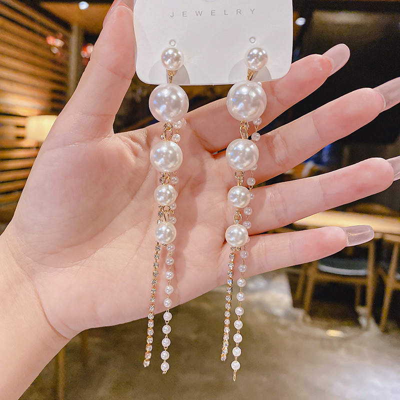 Picture of Dongdaemun s925 Silver Pin Earrings 2024 New Arrival Ear Drop Style Textured Internet Celebrity Ins Tassel Light Luxury Pearl Earrings