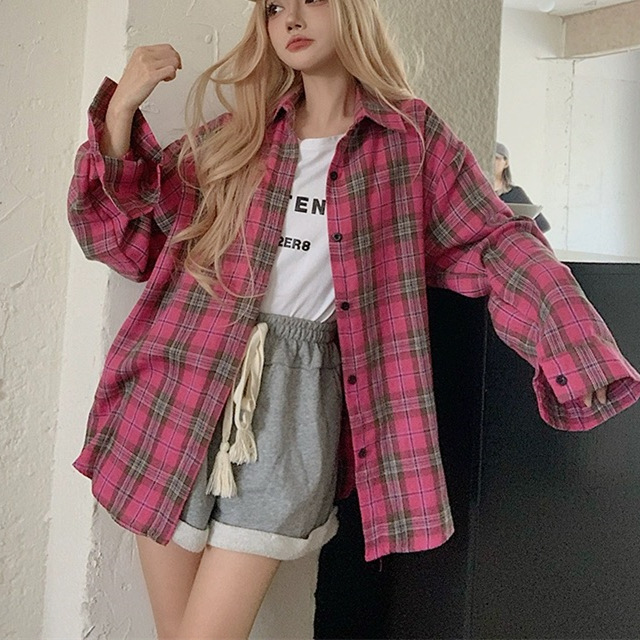 Cross-border Factory Thailand Pink Plaid Shirt Women's Inner Loose All-match Shirt Outer Wear Spring and Autumn TikTok Taobao