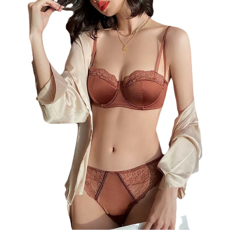 2022 Foreign Trade Sexy Glossy Lace Trim French Style Bra Set Thin Large Bust Minimizing Lingerie for Women Push-Up Minimizing