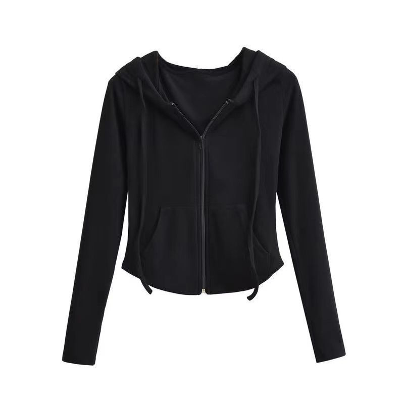 Picture of De velvet hot girl style hooded cardigan sweater coat for women Spring and Autumn slim fit waist slimming long sleeve short top fashion