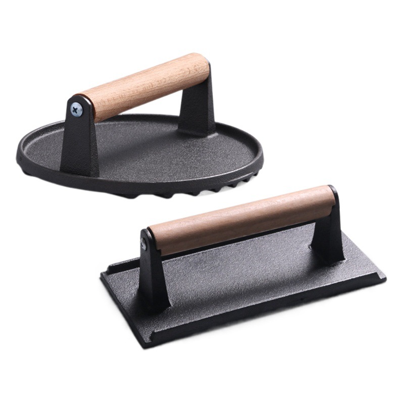 Amazon cross-border cast iron wooden handle long meat plate uncoated steak outdoor round meat Press