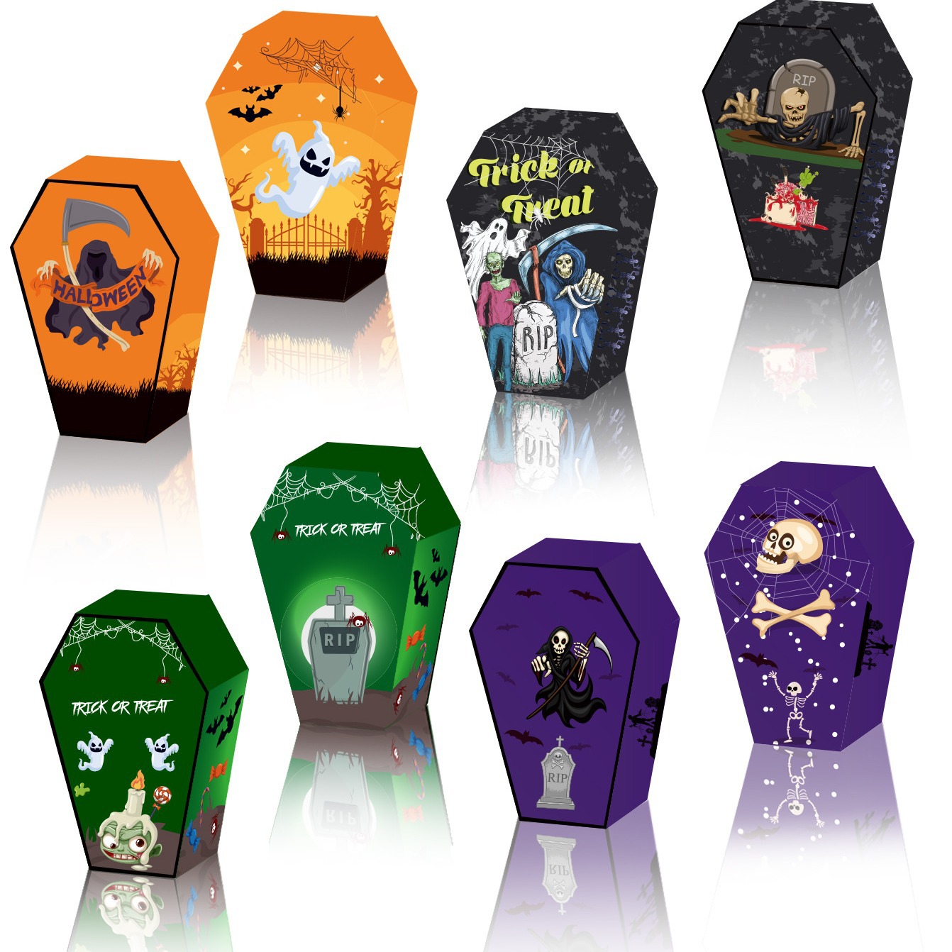 12Pcs Colorful Coffin Halloween Theme Party Funny Pumpkin Decoration Candy Candy Candy Cookie Box Dead Day