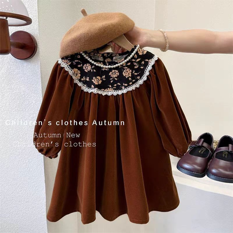 Picture of Girls' Hepburn Style dress Spring and Autumn Vintage Velvet Princess Dress Children's Korean Long Sleeve Floral Skirt