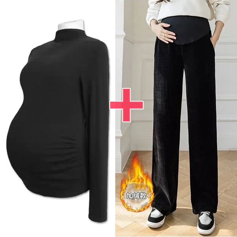 Picture of Pregnant women's clothing fashion spring autumn winter two-piece pregnant women adjustable abdominal pants solid color velvet warm bottoming shirt suit