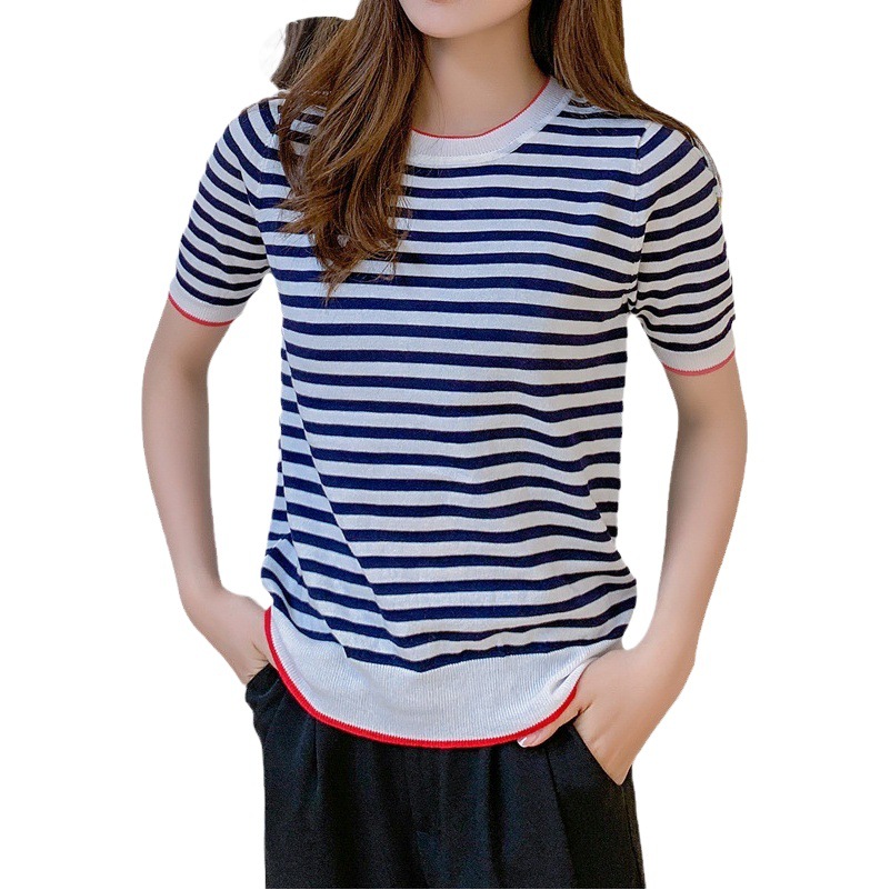 2025 Summer Pullover Striped Knit Short-Sleeve Women's New Loose Top Thin Casual Shirt Clearance Sale