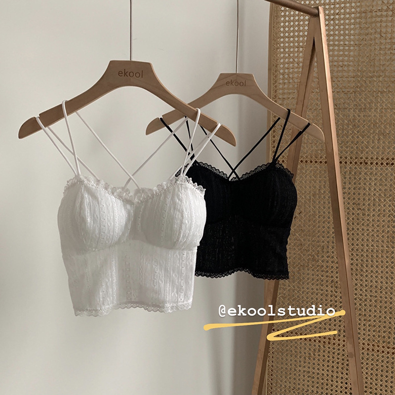 EKOOL Lace Hollow Beautiful Back Inner Wearing Camisole Vest Women's Summer Korean Style Top with Chest Pad