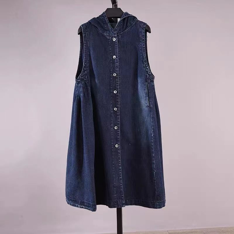 Picture of 2024 Autumn New plus size Loose Long Denim Sleeveless Hooded Vest for Women's Clothing Simple Loose Trendy