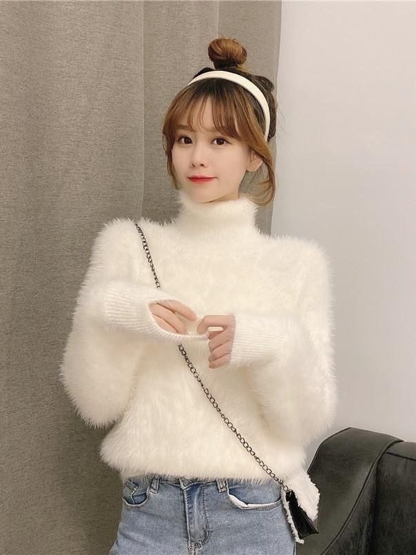 Picture of Thick soft glutinous sweater women's autumn and winter loose pullover inner warm top mink fur half turtleneck bottoming sweater