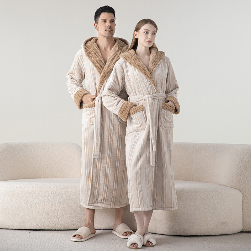 Cross-border Long Nightgown Autumn and Winter plus size Bathrobe Double Yarn Jacquard Hooded Pajamas Men and Women's Nightgown Thickened Bathrobe