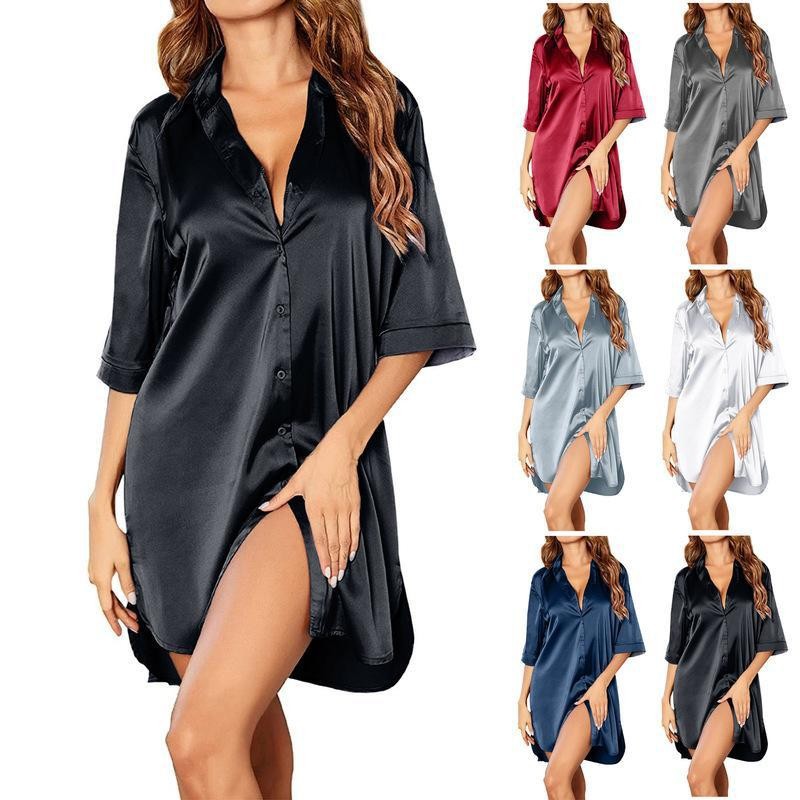 2023 Amazon independent station European and American solid color silky sexy shirt Women's comfortable home Outdoor Women's pajamas