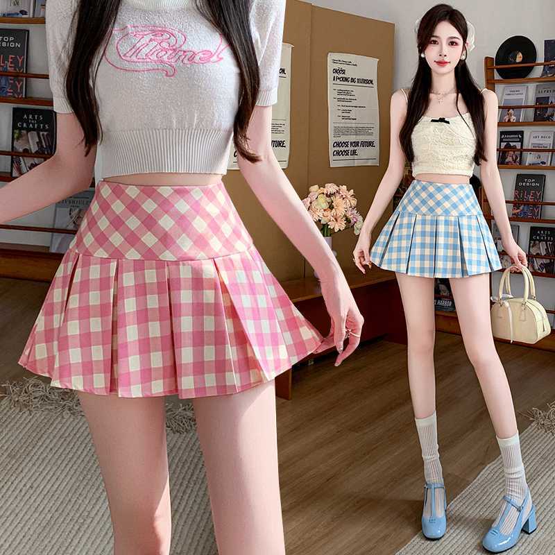 Real Shot of Plaid Pleated Skirt for Women Spring and Summer High-Waisted Sweet Culottes Short Skirt