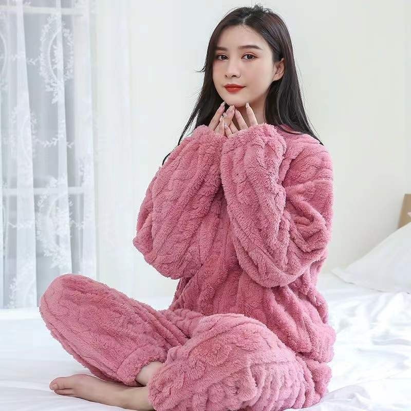 2025 New Winter Unisex Solid Color Jacquard Flannel Warm Suit Thickened Thermal Couple Loungewear