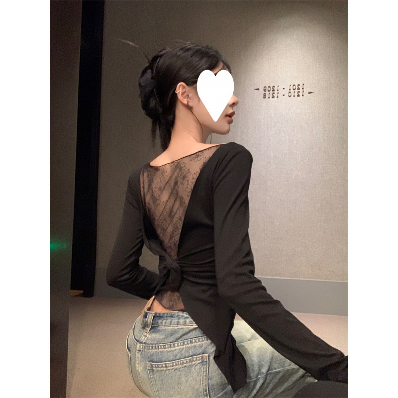 Black Bottoming Shirt for Women 2025 New Lace Shirt with Sexy Design Long-Sleeved Shirt Lace Shirt