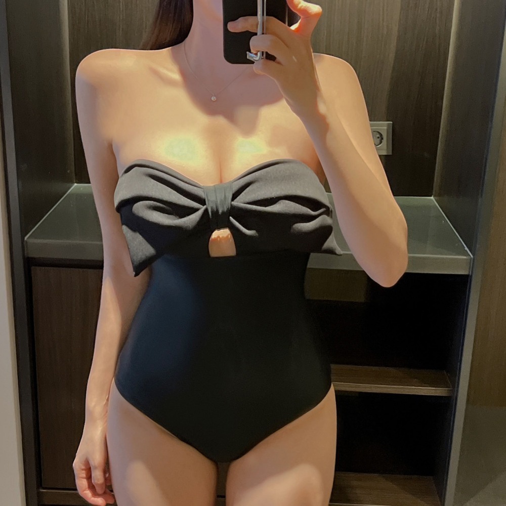 Korean Style Ins Style Simple Sling Bow Swimsuit Women's Slim-Fit Flesh-Covering Slimming Sexy Small Chest One-Piece Swimsuit