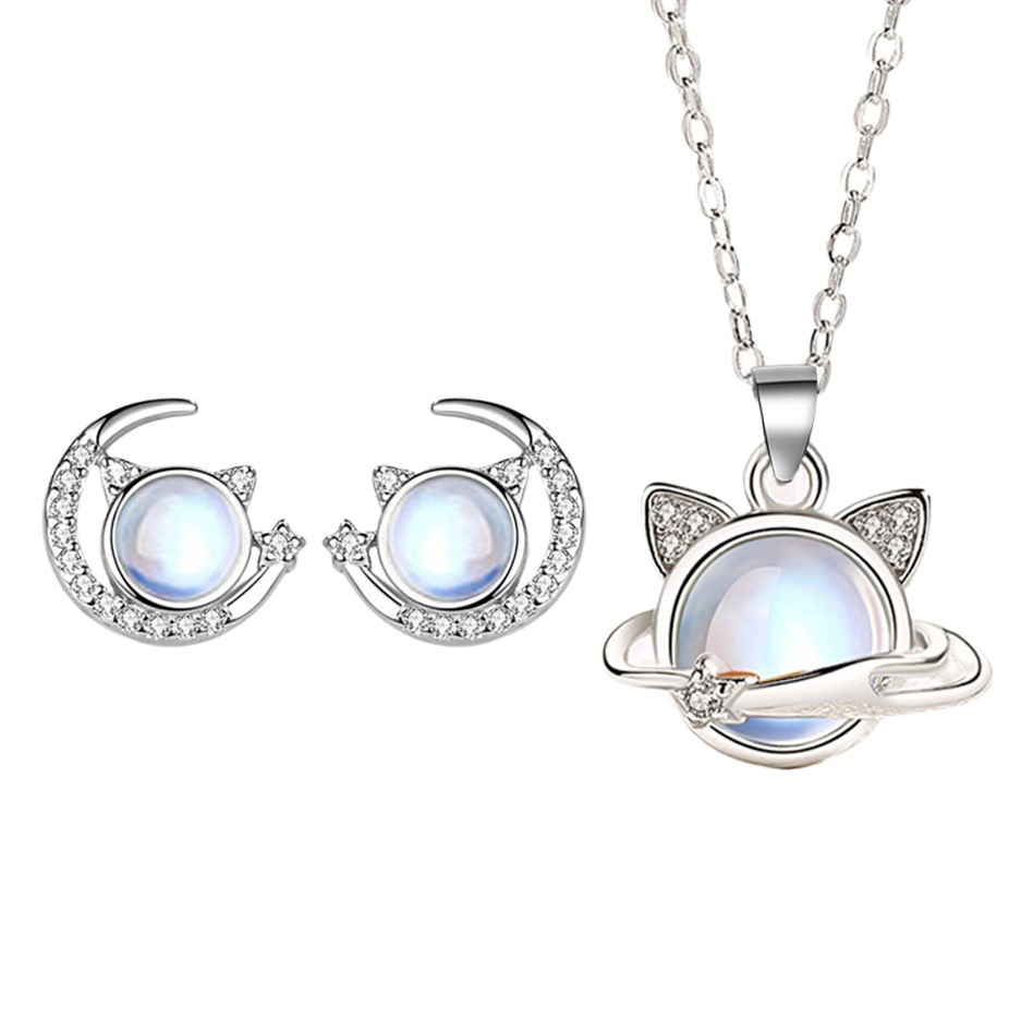 Distinctive Star Cats Earrings Necklace Set Women's Cute Sweet Kitten Advanced Clavicle Chain Moon Cat Earrings
