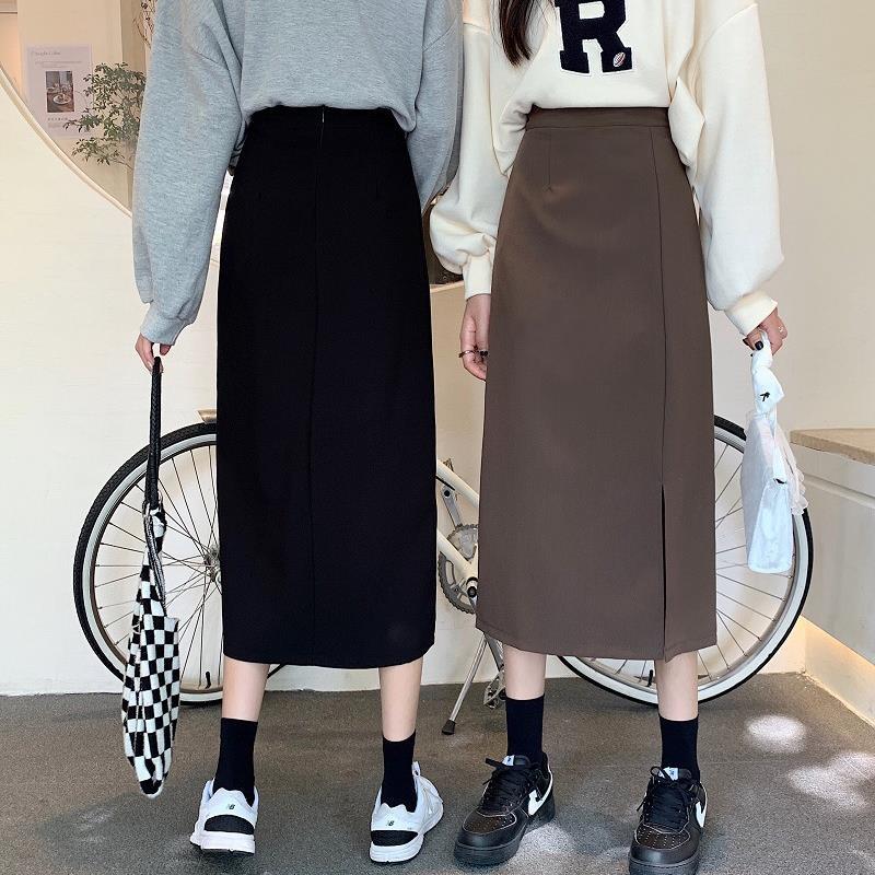 plus size Women's Skirt 2022 Students Korean Style High Waist Slimming Dipped Side Split Mid-Length A- Shaped Hip Skirt