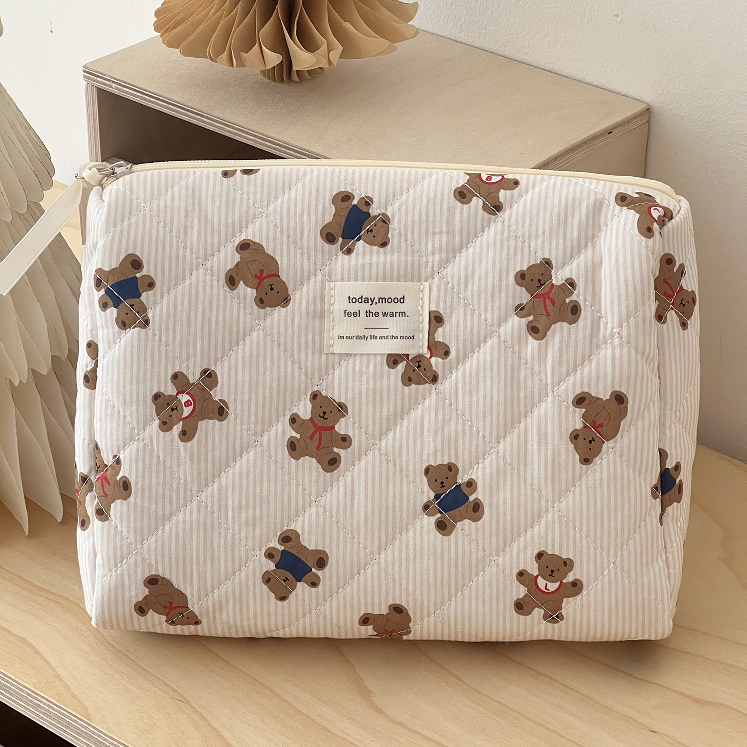 Picture of Cross-Border Pink Striped Bear Cosmetic Bag Student Portable Cute Cartoon Toiletry Bag Quilted Portable Storage Bag